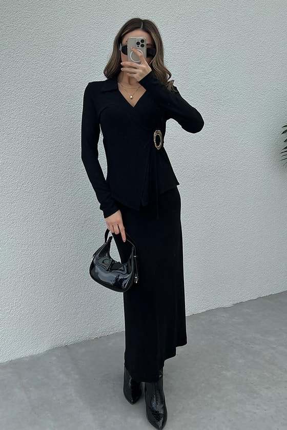 Tokalı Örme Takım - SİYAH