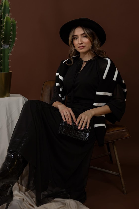 Transparan Kol Elbise - SİYAH