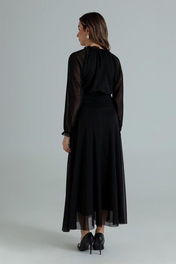 Transparan Kol Elbise - SİYAH