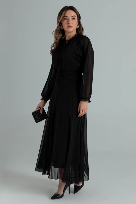 Transparan Kol Elbise - SİYAH