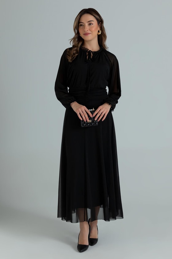 Transparan Kol Elbise - SİYAH