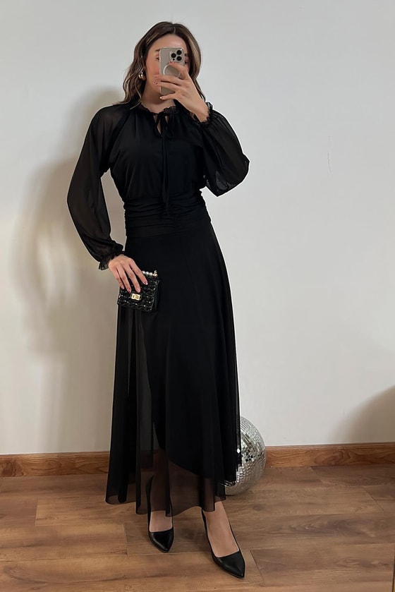 Transparan Kol Elbise - SİYAH