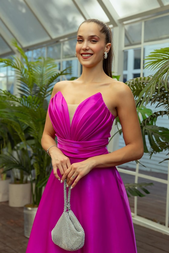 Transparan Sırt Detay Saten Abiye - FUŞYA