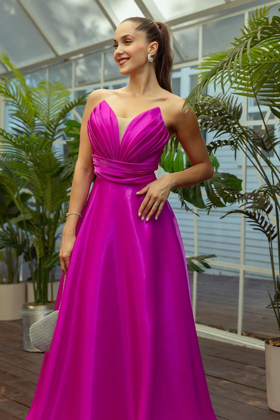 Transparan Sırt Detay Saten Abiye - FUŞYA