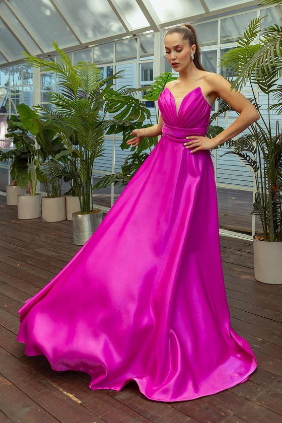 Transparan Sırt Detay Saten Abiye - FUŞYA