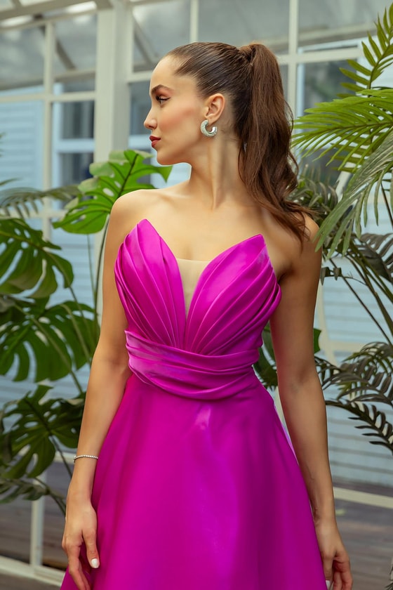 Transparan Sırt Detay Saten Abiye - FUŞYA