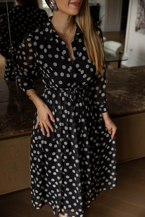 Tül Puantiyeli Elbise - SİYAH