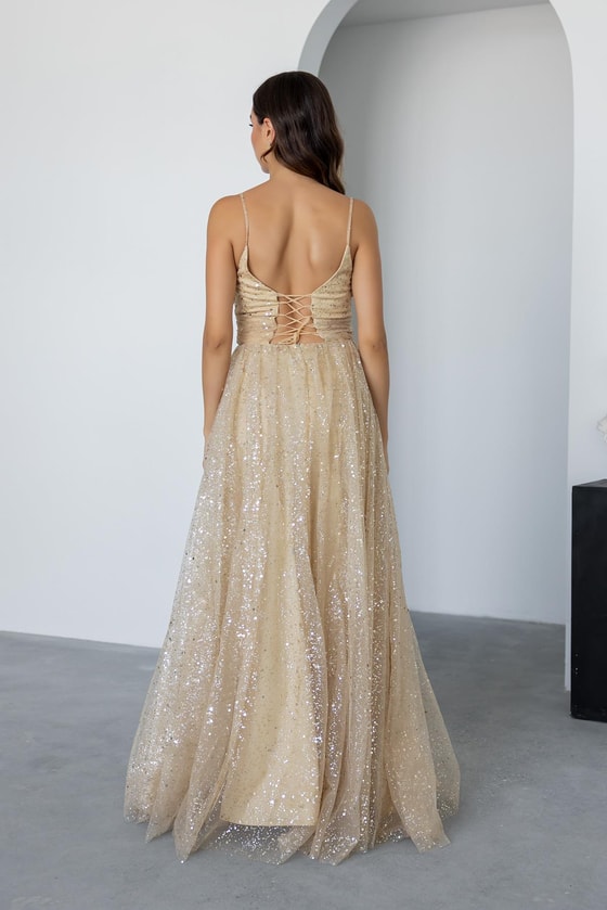 Uzun Işıltılı Abiye - GOLD