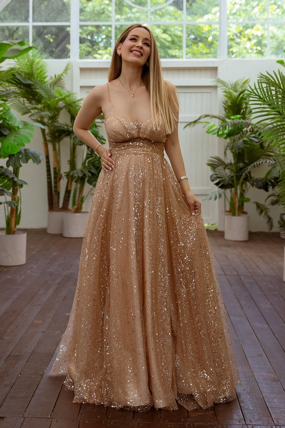 Uzun Işıltılı Abiye - GOLD