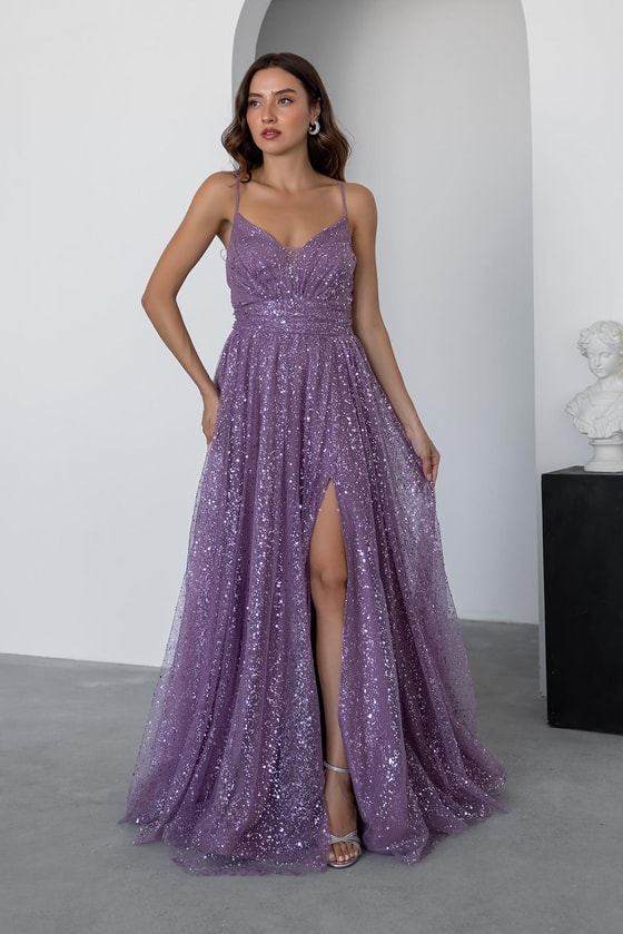 Uzun Işıltılı Abiye - LİLA