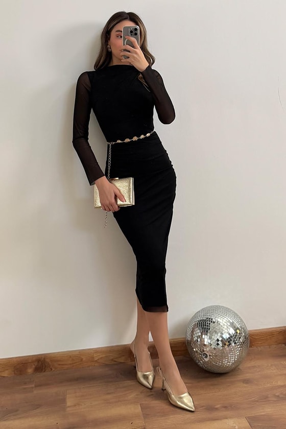 Uzun Kollu Tül Elbise - SİYAH