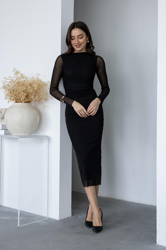 Uzun Kollu Tül Elbise - SİYAH