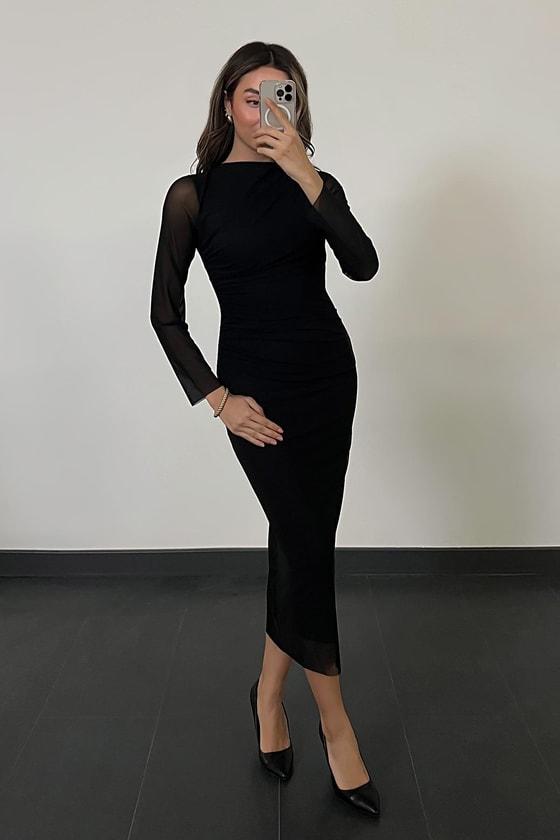 Uzun Kollu Tül Elbise - SİYAH