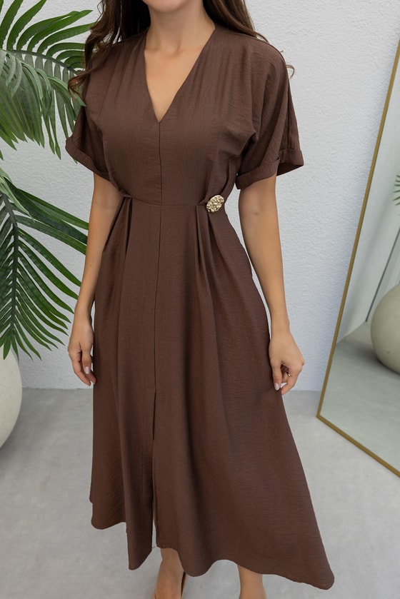 V Yaka Cepli Elbise - KAHVERENGİ