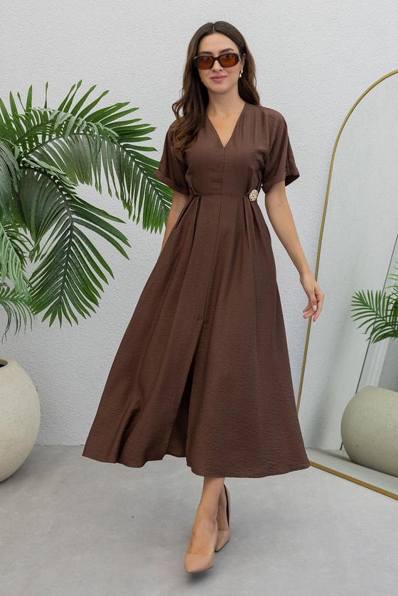 V Yaka Cepli Elbise - KAHVERENGİ