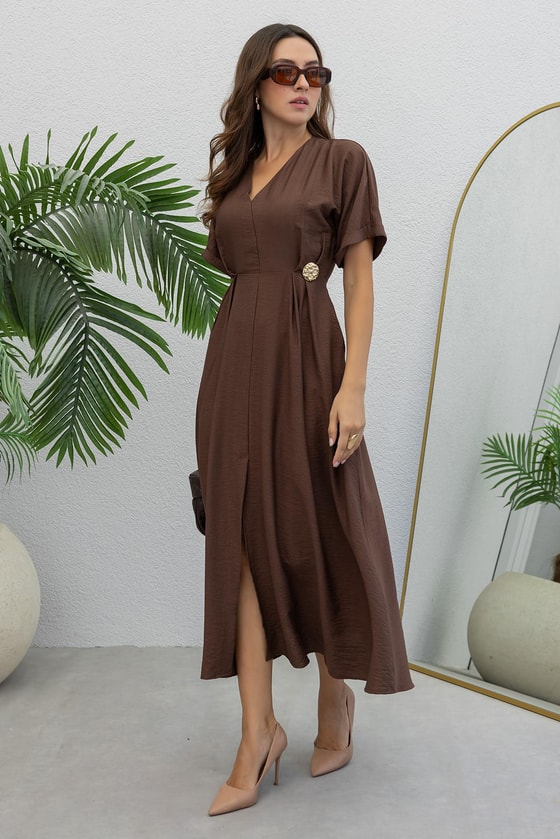 V Yaka Cepli Elbise - KAHVERENGİ