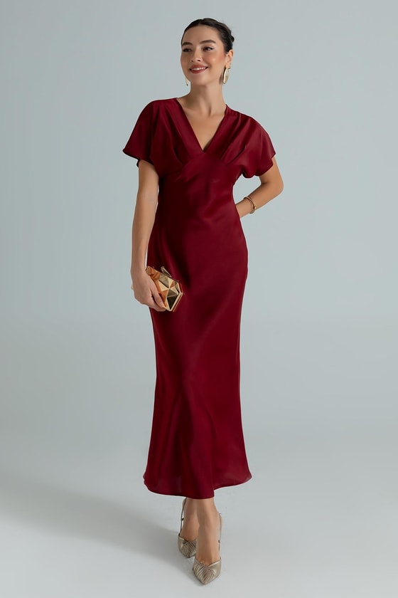 V Yaka Saten Elbise - BORDO