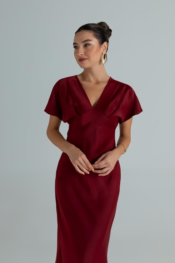 V Yaka Saten Elbise - BORDO