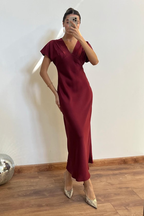 V Yaka Saten Elbise - BORDO