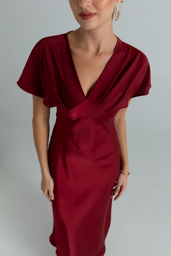 V Yaka Saten Elbise - BORDO