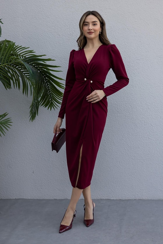 Vatkalı İnci Broş Elbise - BORDO