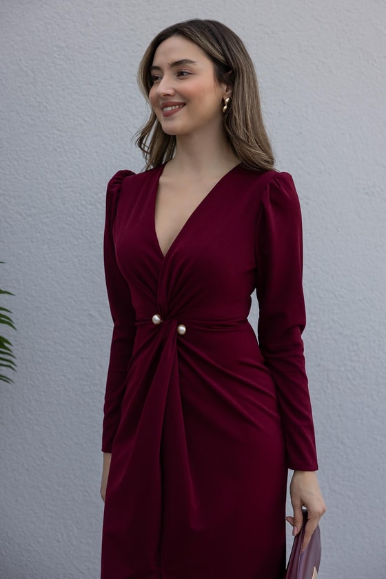 Vatkalı İnci Broş Elbise - BORDO