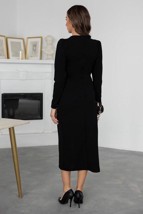 Vatkalı İnci Broş Elbise - SİYAH