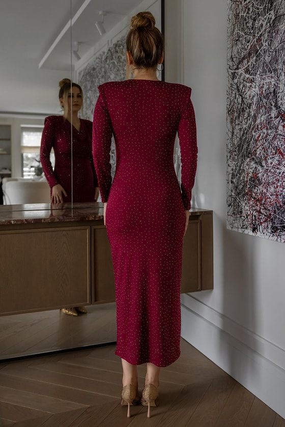 Vatkalı Işıltılı Elbise - BORDO