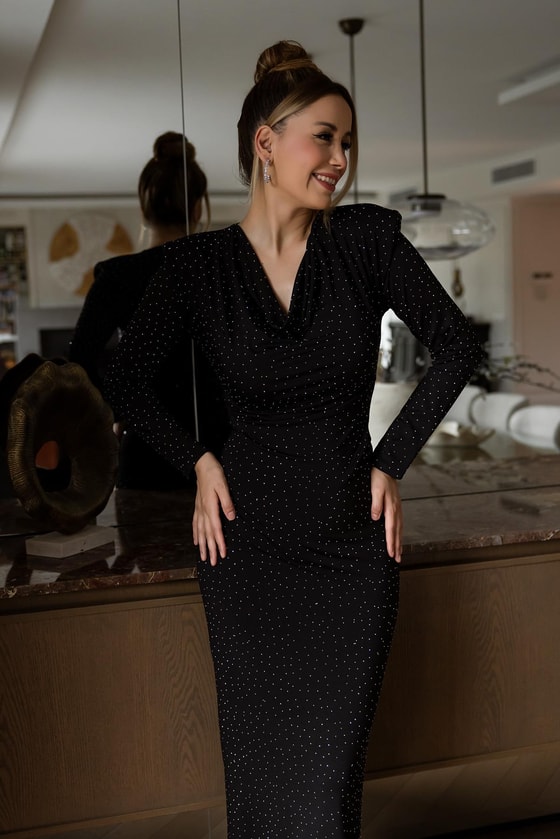 Vatkalı Işıltılı Elbise - SİYAH