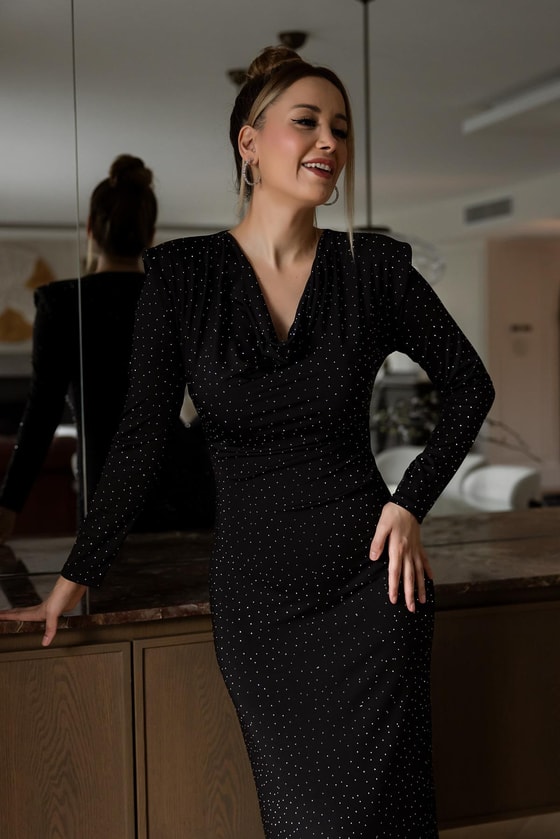 Vatkalı Işıltılı Elbise - SİYAH