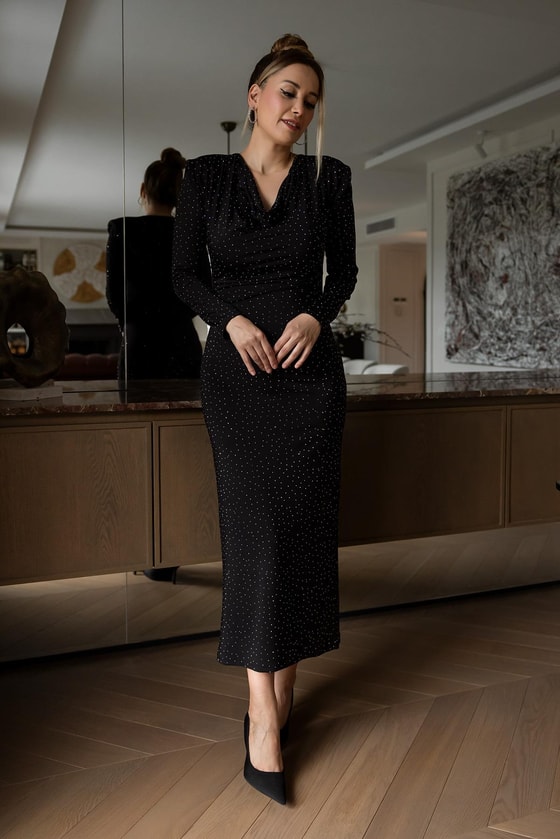 Vatkalı Işıltılı Elbise - SİYAH