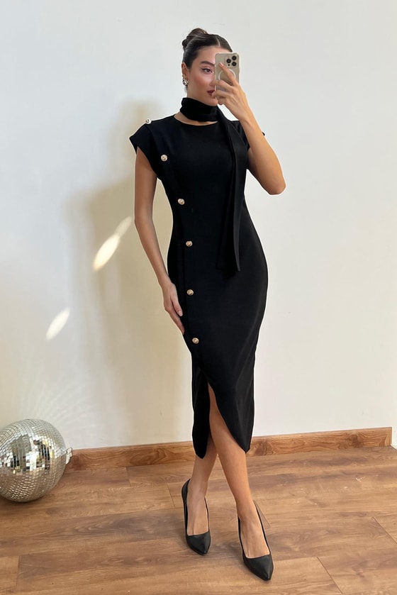 Vatkalı Maxi Kalem Elbise - SİYAH