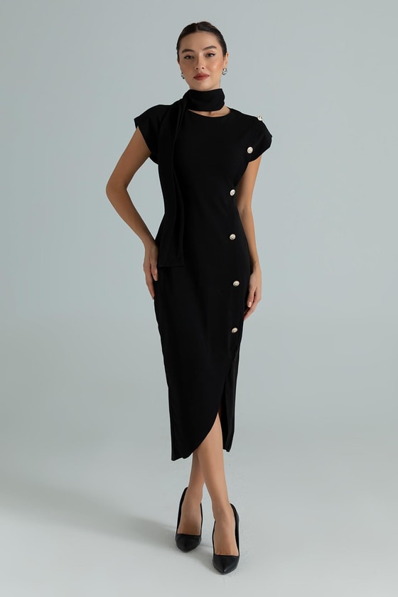 Vatkalı Maxi Kalem Elbise - SİYAH
