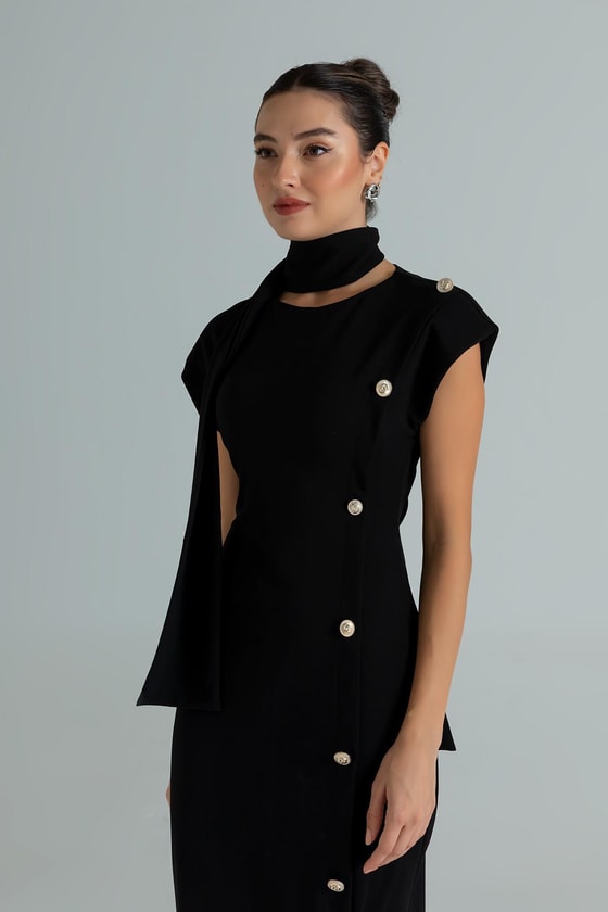 Vatkalı Maxi Kalem Elbise - SİYAH