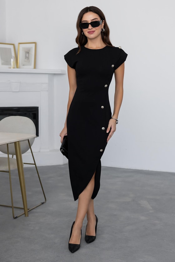 Vatkalı Maxi Kalem Elbise - SİYAH