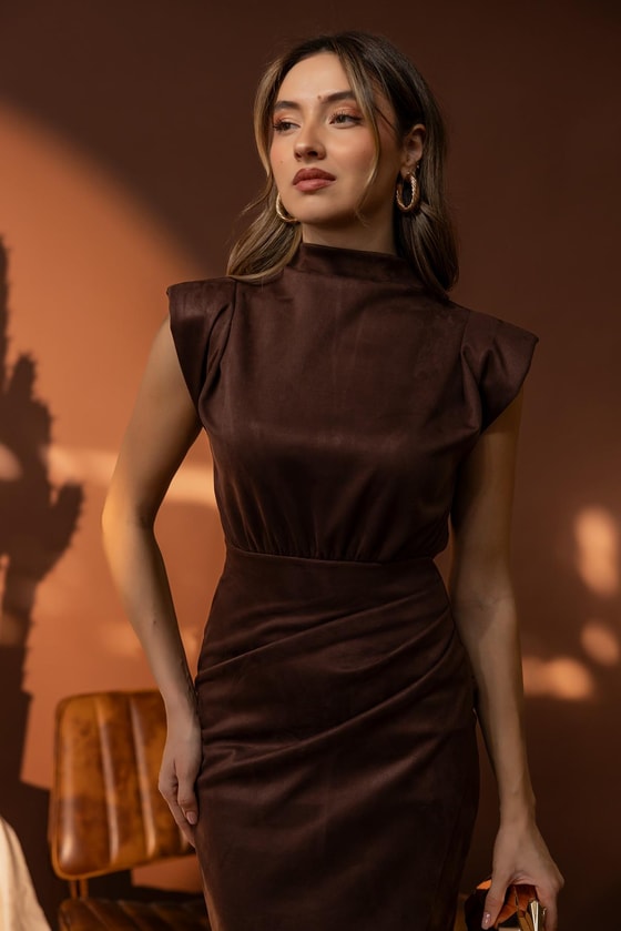 Vatkalı Süet Elbise - KAHVERENGİ