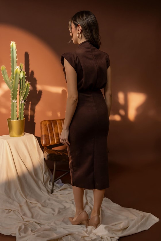 Vatkalı Süet Elbise - KAHVERENGİ