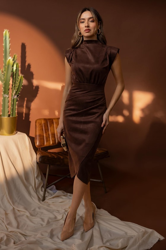 Vatkalı Süet Elbise - KAHVERENGİ