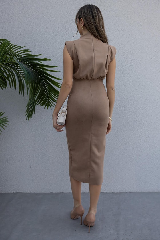 Vatkalı Süet Elbise - VİZON