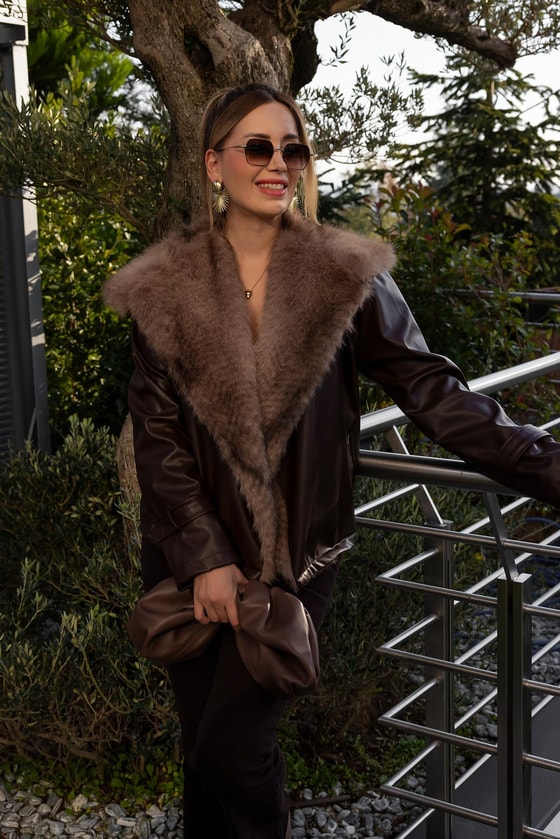 Yaka Kürklü Deri Ceket - KAHVERENGİ