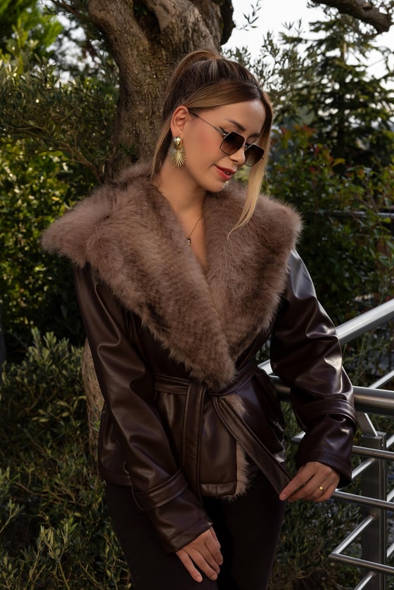 Yaka Kürklü Deri Ceket - KAHVERENGİ
