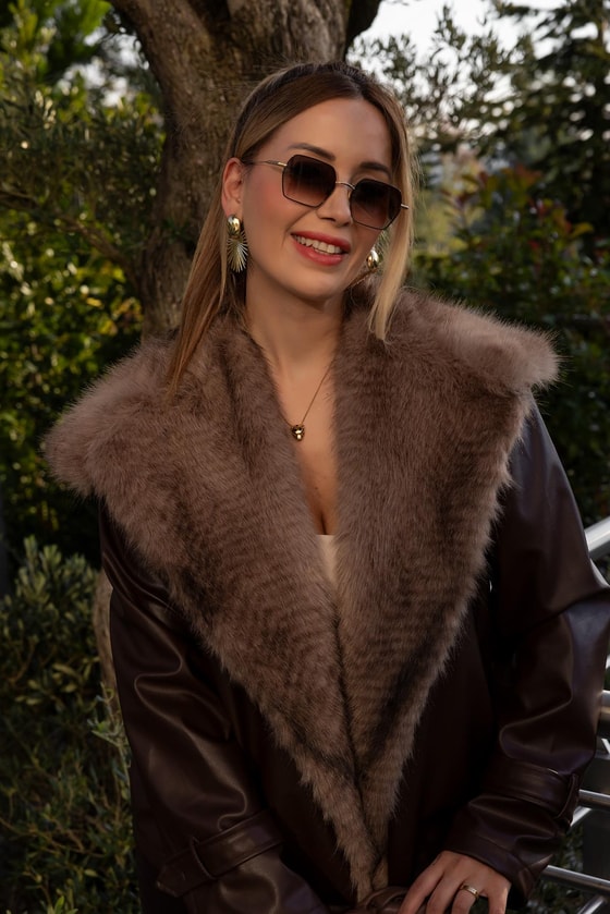 Yaka Kürklü Deri Ceket - KAHVERENGİ