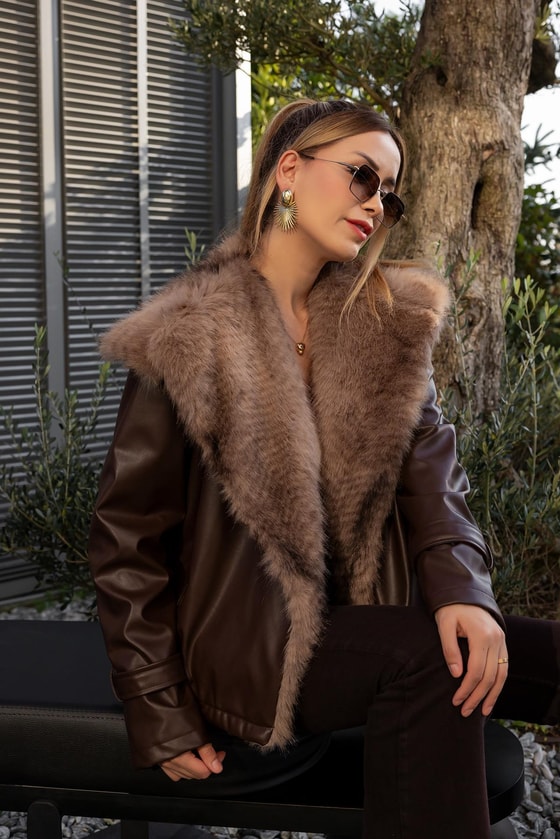 Yaka Kürklü Deri Ceket - KAHVERENGİ
