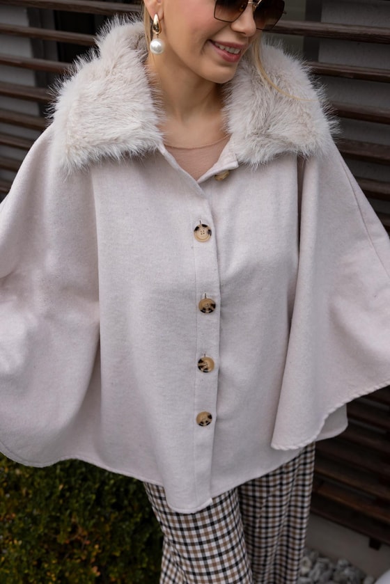 Yaka Kürklü Kemerli Panço - EKRU