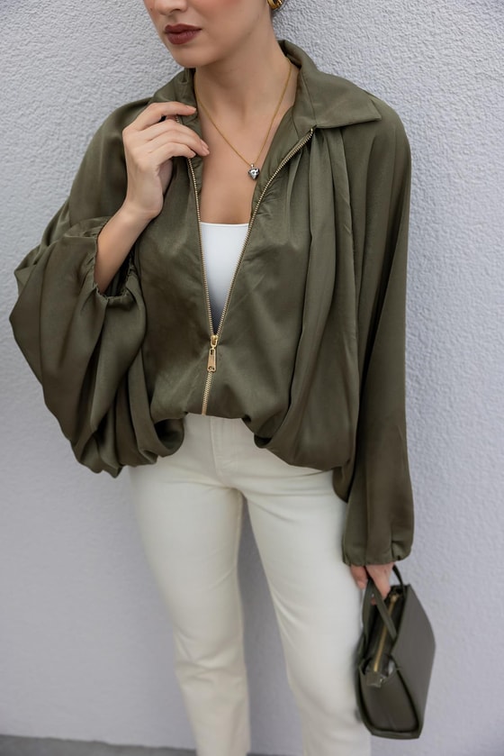 Yarasa Kol Saten Ceket - HAKİ