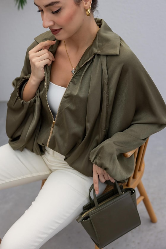 Yarasa Kol Saten Ceket - HAKİ