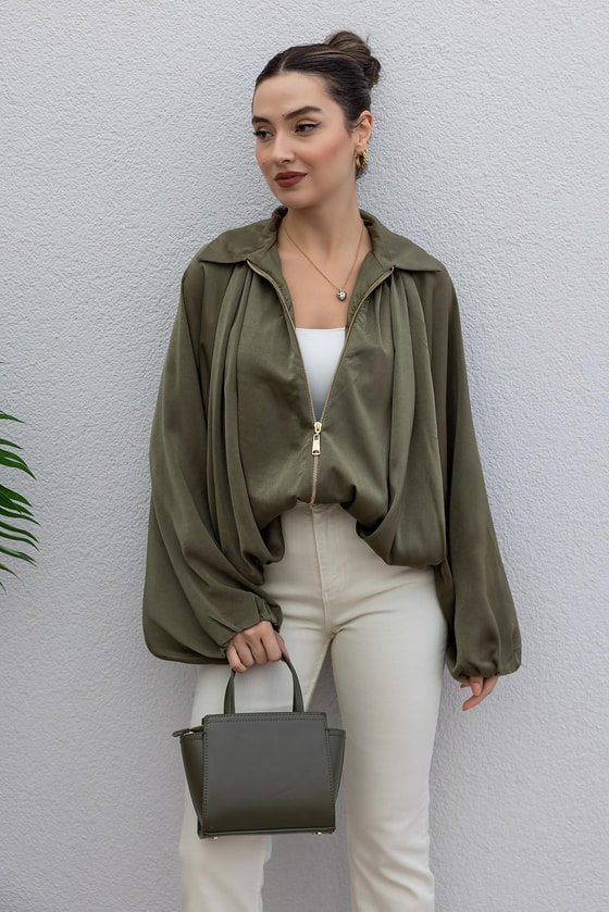 Yarasa Kol Saten Ceket - HAKİ