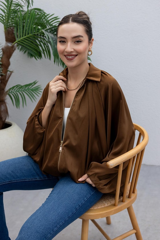 Yarasa Kol Saten Ceket - KAHVERENGİ