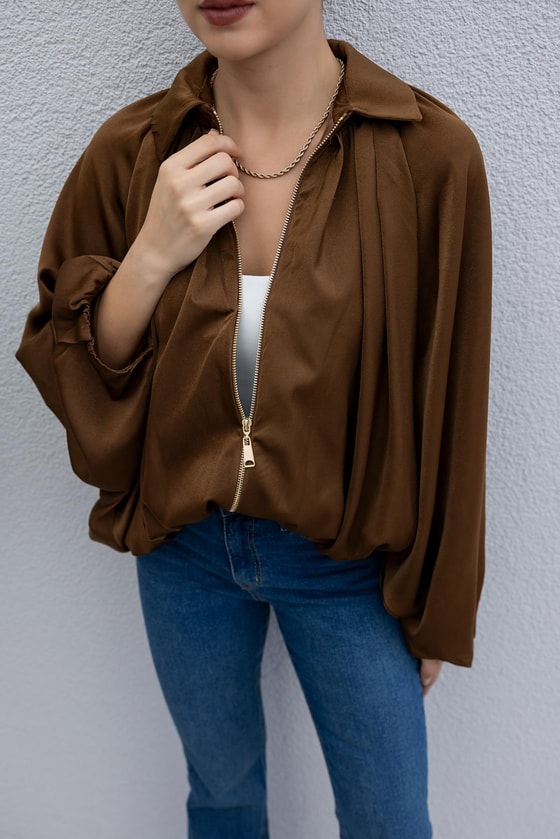 Yarasa Kol Saten Ceket - KAHVERENGİ