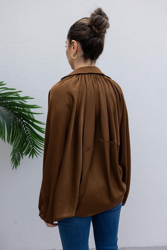 Yarasa Kol Saten Ceket - KAHVERENGİ